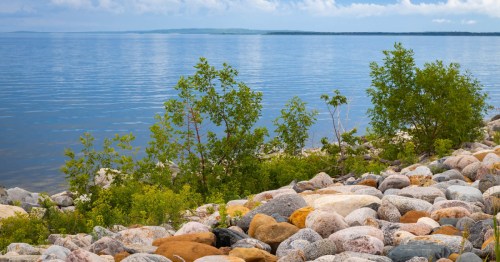 stones along the shore of devils lake in north dakota