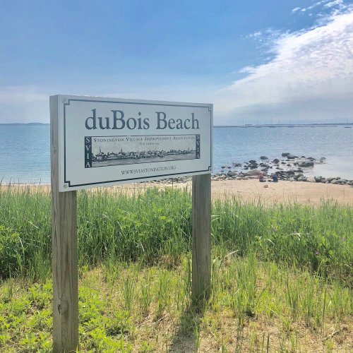 Sign for duBois Beach with a view of the water and shoreline in the background, surrounded by grass.
