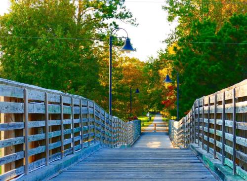A wooden bridge leads into a park, surrounded by trees and lampposts, with vibrant autumn foliage in the background.