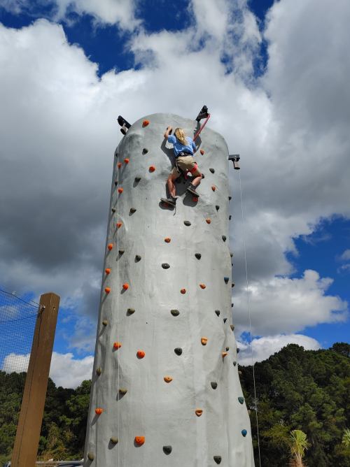 A person climbs a tall rock wall under a blue sky with clouds, surrounded by trees in the background.
