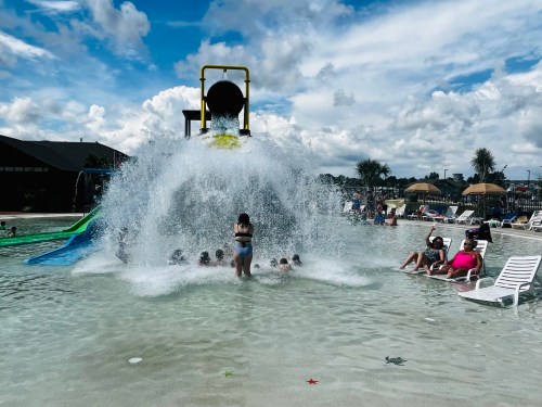 A water slide sprays water over children playing in a pool, with sun loungers and palm trees in the background.