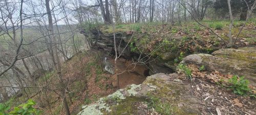 A rocky cliff edge surrounded by trees and greenery, overlooking a small stream below.