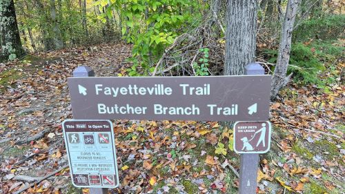Signpost indicating Fayetteville Trail and Butcher Branch Trail, surrounded by autumn foliage.