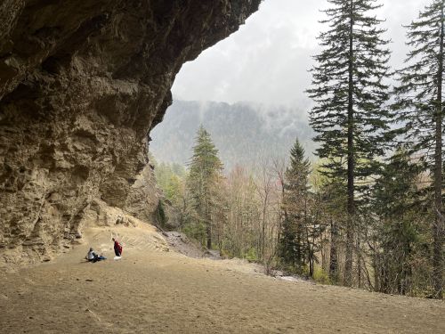 A rocky cave with two people sitting inside, surrounded by trees and misty mountains in the background.