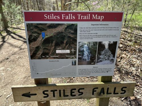 Trail map for Stiles Falls, featuring important information, elevation profile, and a photo of the falls.