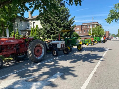 A row of colorful tractors parked along a tree-lined street on a sunny day.