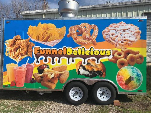Colorful food truck featuring funnel cakes, pretzels, and various snacks with the name "FunnelDelicious" prominently displayed.