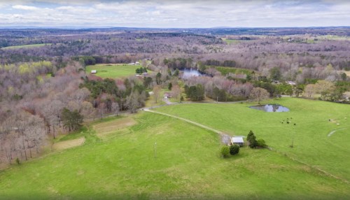 Aerial view of a lush green landscape with a pond, trees, and a few buildings scattered across the countryside.