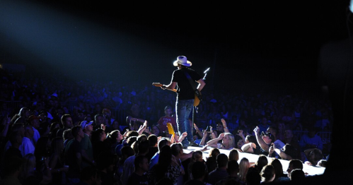 A musician in a cowboy hat performs on stage, facing a cheering crowd under bright stage lights.