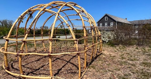 A wooden structure resembling a dome, set in a grassy area with a building in the background under a clear blue sky.
