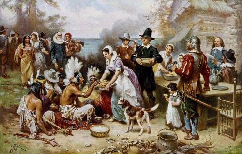 A historical scene depicting a gathering between Native Americans and settlers, sharing food and culture.