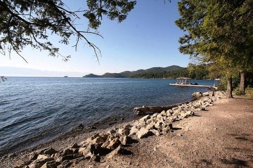A serene lakeside view with rocky shore, trees, and a dock extending into calm water under a clear sky.