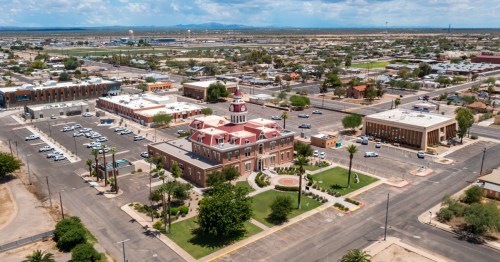 aerial shot of downtown florence, arizona located in pinal county