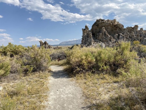 A winding dirt path leads through rocky formations and shrubs under a blue sky with scattered clouds.
