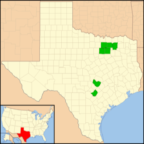 Map of Texas highlighting specific counties in green, with a smaller inset showing Texas's location in the U.S.