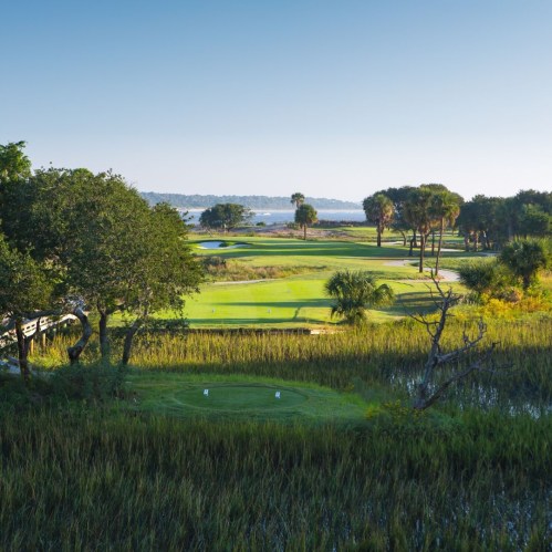 A scenic view of a golf course surrounded by trees and water, with a clear blue sky in the background.
