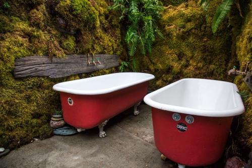 Two vintage red bathtubs sit against a moss-covered wall, surrounded by lush greenery in a serene outdoor setting.
