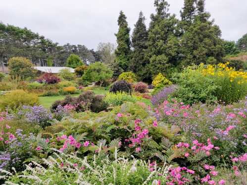 A vibrant garden filled with colorful flowers, lush greenery, and trees under a cloudy sky.