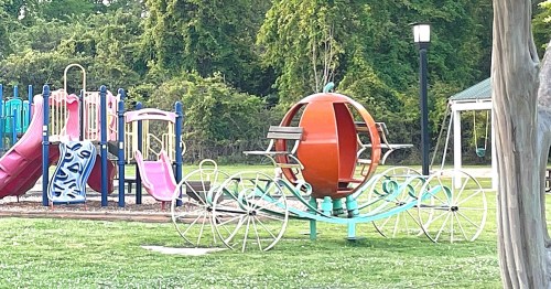 A whimsical playground featuring a pumpkin-shaped carriage and colorful slides in a grassy area.