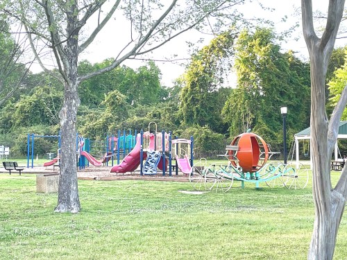 A colorful playground with slides and swings, surrounded by trees and grassy areas, featuring a whimsical carriage structure.