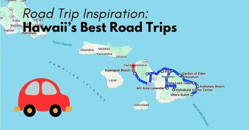 Map of Hawaii highlighting scenic road trip routes with a red car icon and text about road trip inspiration.