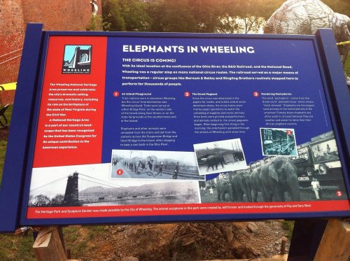 Sign about the history of circuses in Wheeling, featuring elephants and their significance to the local heritage.