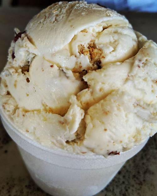 Close-up of a creamy scoop of vanilla ice cream with bits of cookie dough in a paper cup.