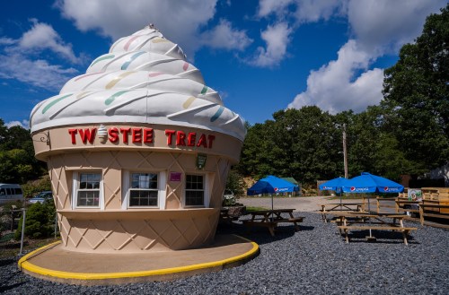 A whimsical ice cream shop shaped like a giant cone, with outdoor seating and blue umbrellas under a sunny sky.