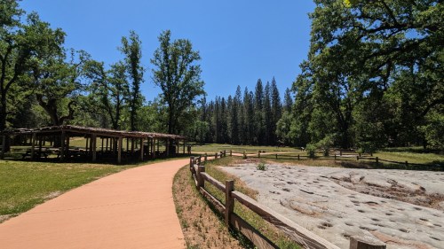 A winding path through a sunny park with trees, a wooden structure, and a rocky area in the foreground.