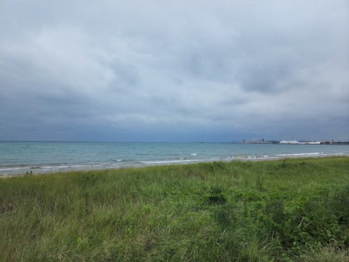 A cloudy beach scene with gentle waves and green grass in the foreground, stretching towards the horizon.