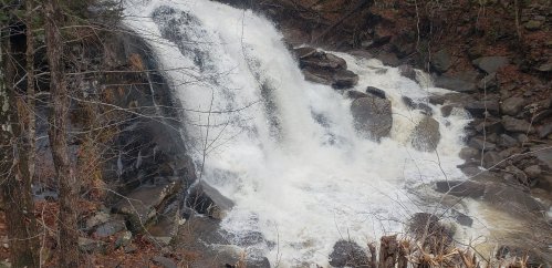 A cascading waterfall flows over rocky terrain, surrounded by bare trees and a natural landscape.