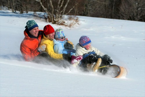 A group of four people joyfully sledding down a snowy hill, surrounded by trees on a bright winter day.