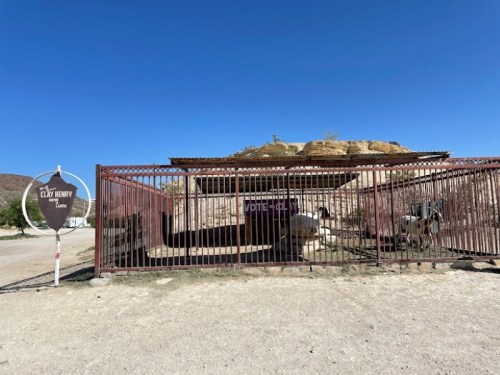 A fenced area with a sign reading "Clay Henry" and a goat inside, set against a clear blue sky.