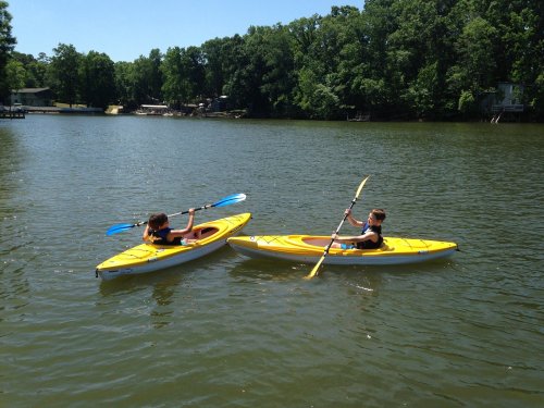 Two people in yellow kayaks paddle on a calm lake surrounded by green trees on a sunny day.
