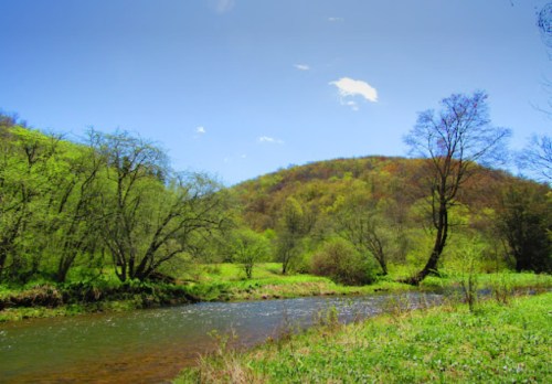 A serene river flows through lush green hills under a clear blue sky, with trees lining the banks.
