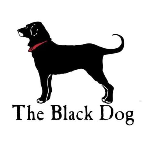 Silhouette of a black dog with a red collar, accompanied by the text "The Black Dog" below.