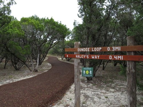 Trail signpost indicating "Dundee Loop 0.3 MI" and "Haley's Way 0.4 MI" with a winding path through trees.