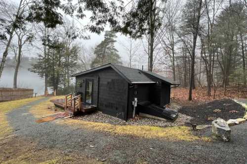 A small black house surrounded by trees, with a wooden deck and gravel path, set in a foggy landscape.