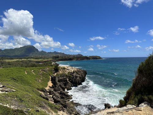 A scenic coastal view with rocky cliffs, lush greenery, and a vibrant blue ocean under a partly cloudy sky.