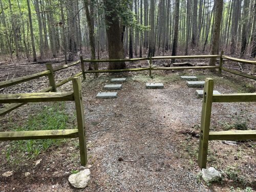 A small fenced area in a forest with stone markers and a gravel path, surrounded by trees.