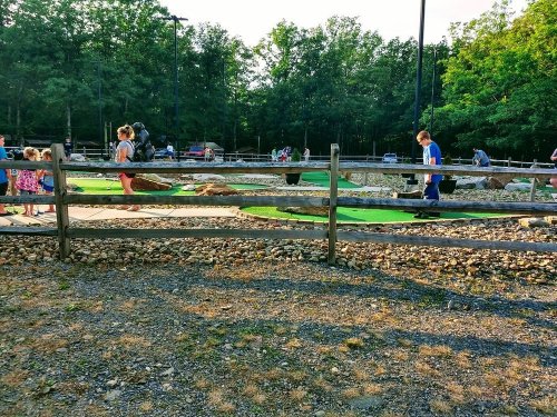 A mini-golf course with players, surrounded by trees and a wooden fence, on a sunny day.