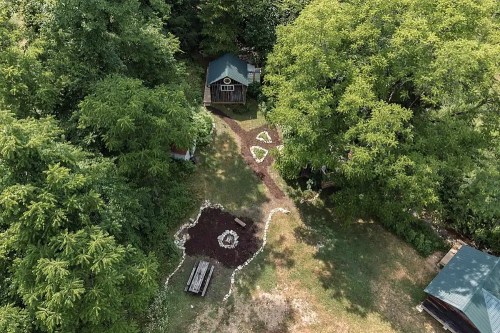 Aerial view of a lush green garden with a small cabin, pathways, and a fire pit surrounded by trees.