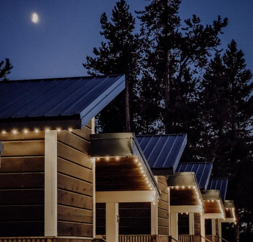 A serene night scene featuring cabins with illuminated roofs under a crescent moon and tall trees in the background.