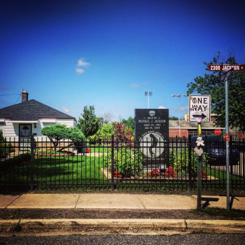 A memorial stone for Michael Jackson surrounded by greenery, with a house and street signs in the background.