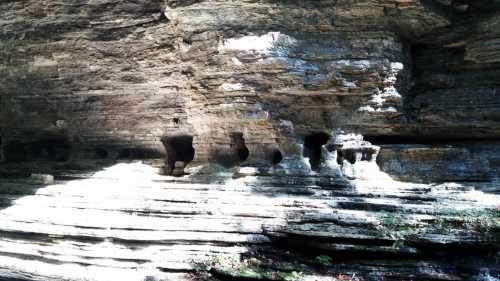 Rock formation with layered textures and natural holes, illuminated by sunlight, surrounded by greenery.