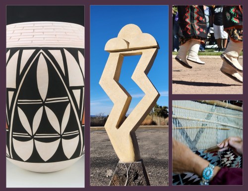 A collage featuring a pottery piece, a sculpture, traditional footwear, and a person weaving textiles.