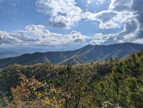 A scenic view of rolling mountains under a partly cloudy sky, with lush greenery and autumn foliage in the foreground.