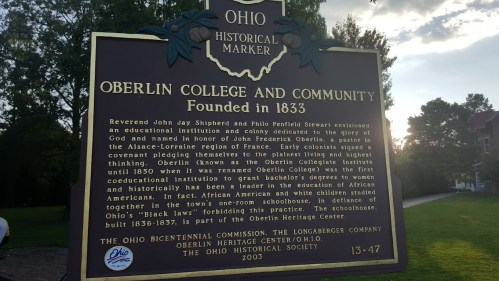 Historical marker for Oberlin College and Community, founded in 1833, highlighting its educational mission and history.