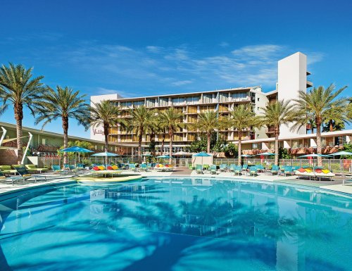 A sunny hotel pool area surrounded by palm trees and colorful lounge chairs, with a modern building in the background.