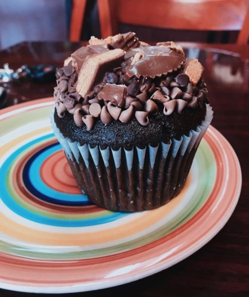 A chocolate cupcake topped with chocolate frosting, chocolate chips, and pieces of candy, served on a colorful plate.